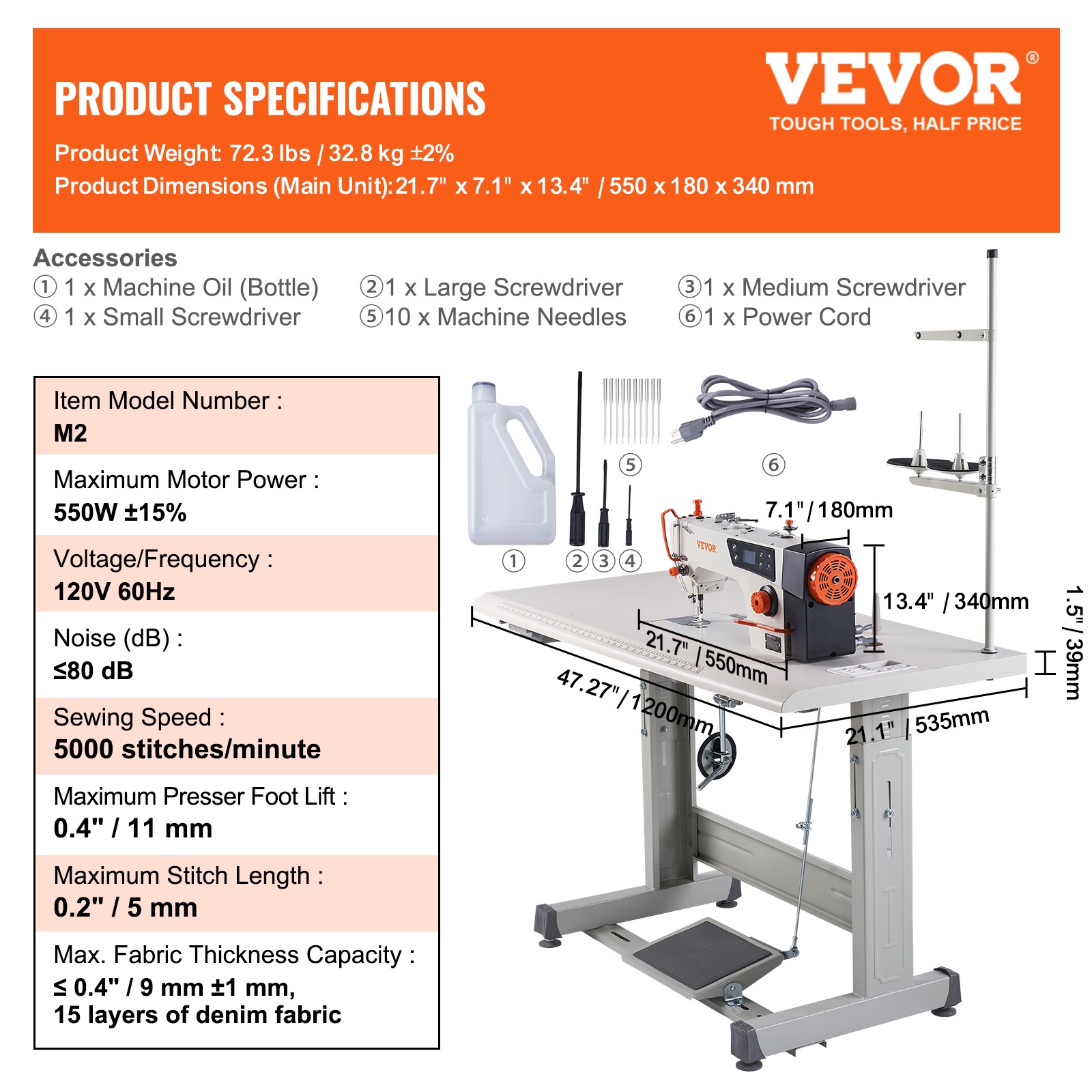 VEVOR Industrial Lockstitch Sewing Machine Lockstitch 550W Servo Motor and Table